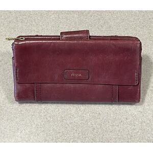Fossil Ellis Leather Double Sided Folding Clutch Large Wallet-Raspberry